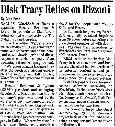 AdWeek - Rizzuti Becman & Lyman aquires WatchSoft article